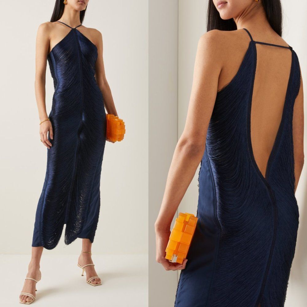 Cult Gaia Renata Silk Fringe Halter Gown Ink Navy Size Large